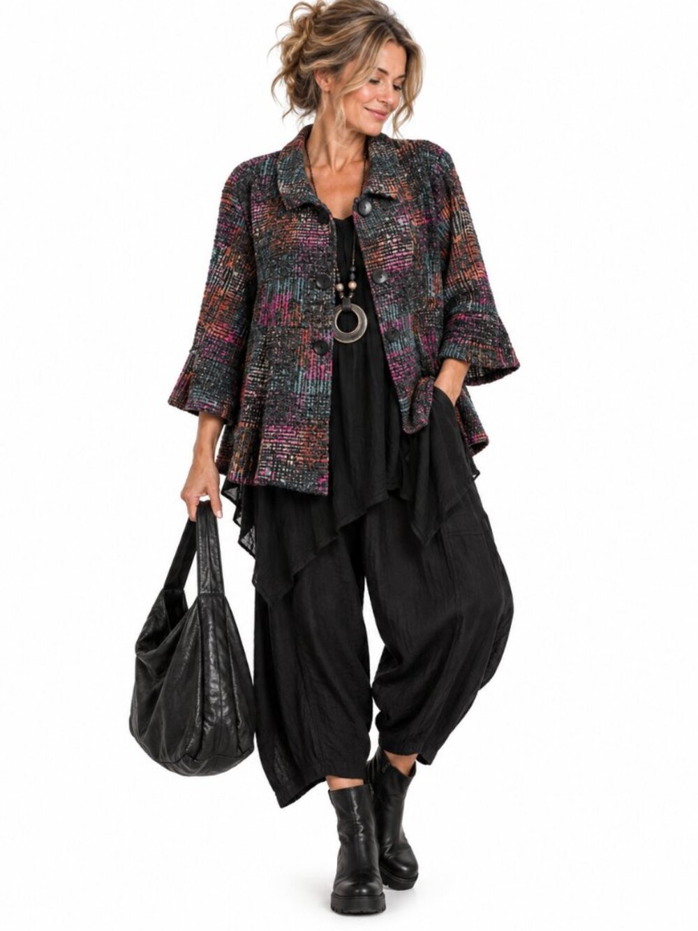 Ali Miles Abstract Knit Jacket Womens 1X Wire Collar Peplum Artwear Lagenlook